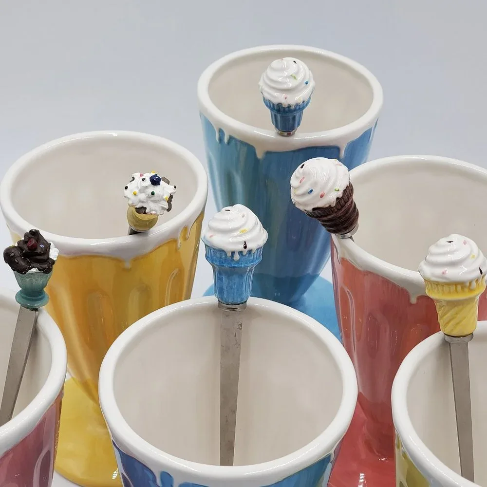 Pottery Barn Outlet Milkshake Ceramic Glass (6) & Spoons (6)